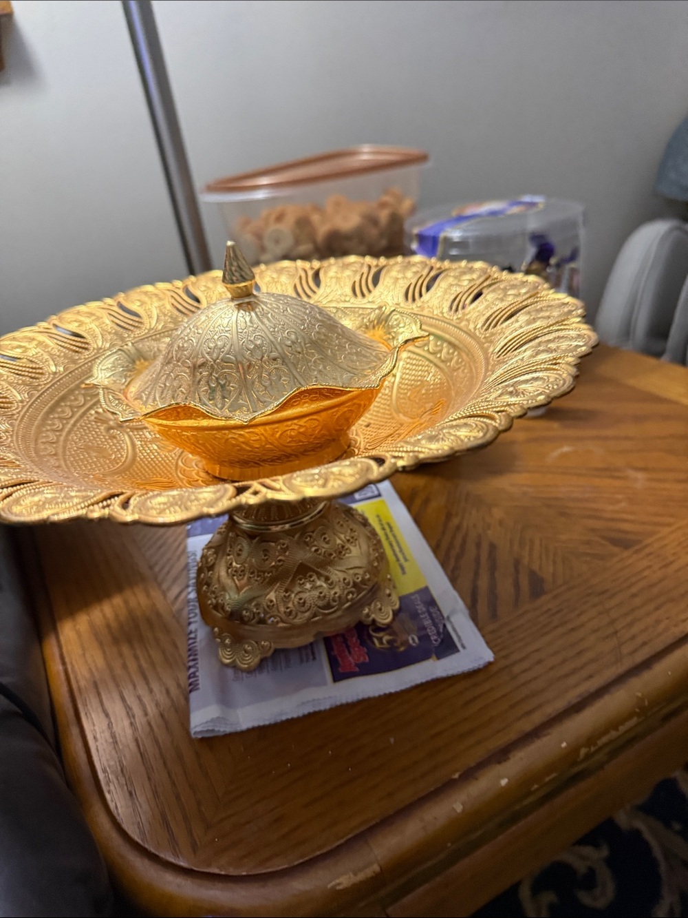 Vintage Gold Filigree Candy Dish Serving Tray with Covered Sugar Bowl Set